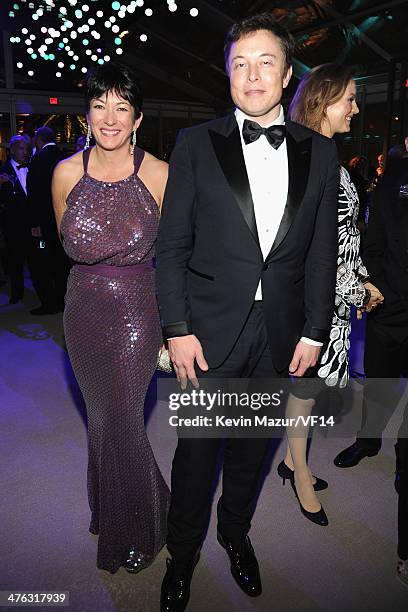 Ghislaine Maxwell and Elon Musk attend the 2014 Vanity Fair Oscar Party Hosted By Graydon Carter on March 2, 2014 in West Hollywood, California.