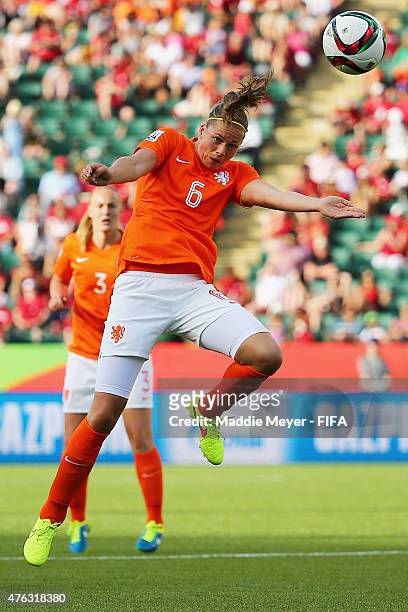 Anouk Dekker of Netherlands heads the ball during the FIFA Women's World Cup Canada 2015 Group A match against the New Zealand at Commonwealth...
