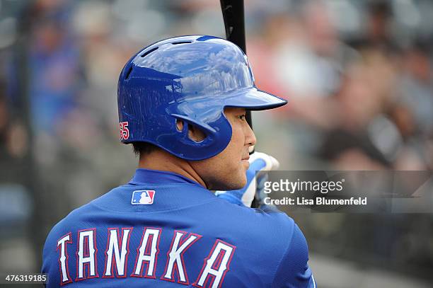 Kensuke Tanaka of the Texas Rangers waits on deck in the seventh inning against the Chicago White Sox on March 2, 2014 in Surprise, Arizona.