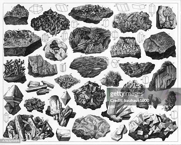 minerals and their crystalline forms engraving - stone stock illustrations