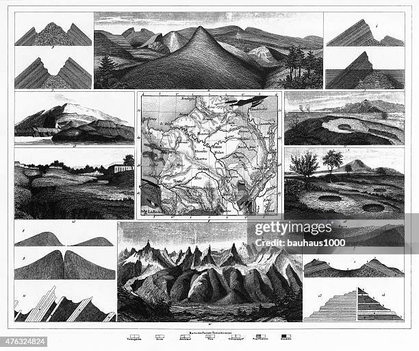 stratification in mountains and basins; fissures and craters engraving - geology map stock illustrations