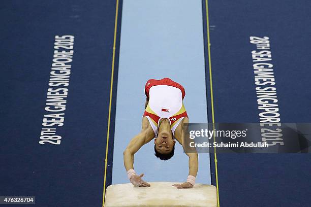 Timothy Tay of Singapore in action during the vault event in the men's gymnastic individual all-around final at the Bishan Sports Hall during the...