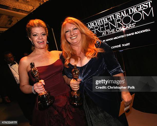 Hairstylist Adruitha Lee and makeup artist Robin Mathews, winners of Best Achievement in Makeup and Hairstyling for "Dallas Buyers Club" backstage...