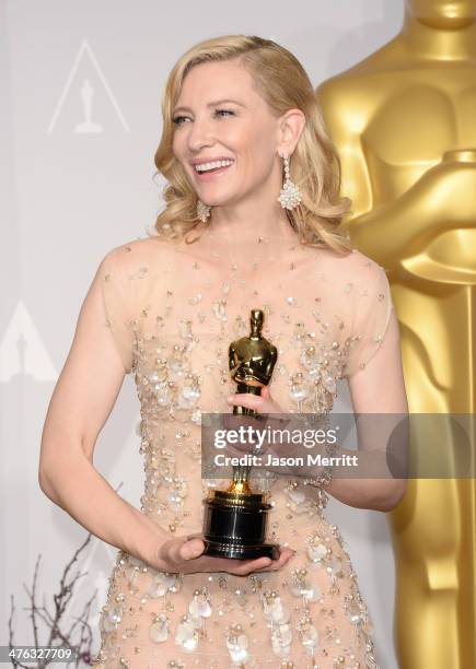 Actress Cate Blanchett, winner of Best Actress for "Blue Jasmine, poses in the press room during the Oscars at Loews Hollywood Hotel on March 2, 2014...