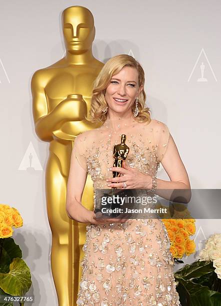 Actress Cate Blanchett, winner of Best Actress for "Blue Jasmine, poses in the press room during the Oscars at Loews Hollywood Hotel on March 2, 2014...