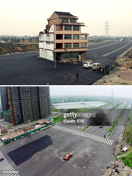 This combo shows a file photo taken on November 22, 2012 of a half-demolished apartment building standing in the middle of a newly-built road thanks...