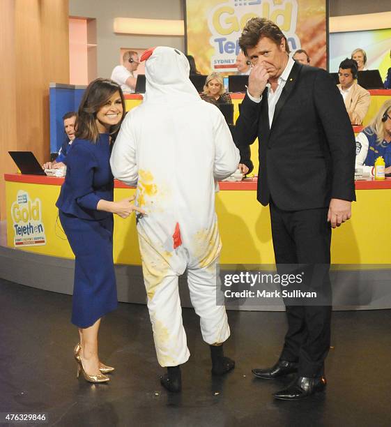 Lisa Wilkinson, Karl Stefanovic and Richard Wilkins after Karl's attempt at the egg breaking world record during the 2015 Gold Telethon on June 8,...