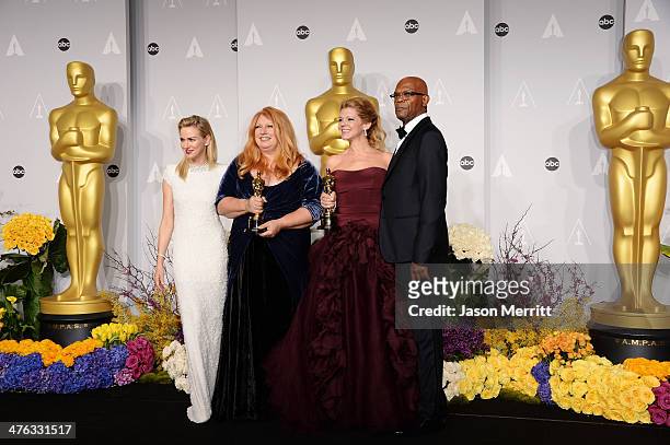 Actress Naomi Watts, hairstylist Adruitha Lee, winner of Best Achievement in Makeup and Hairstyling, makeup artist Robin Mathews, winner of winner of...
