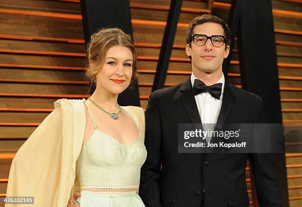 Joanna Newsom and Andy Samberg attend the 2014 Vanity Fair Oscar Party hosted by Graydon Carter on March 2, 2014 in West Hollywood, California.