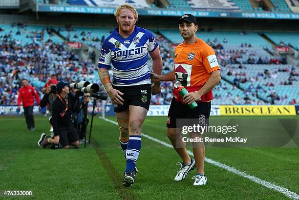 James Graham of the Bulldogs leaves the field with a hamstring injury during the round 13 NRL match between the Canterbury Bulldogs and the St George...