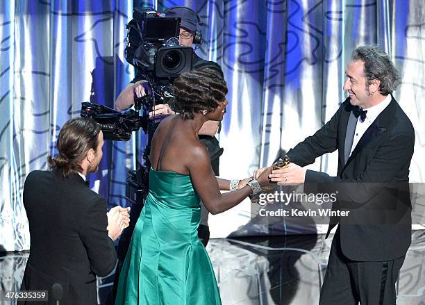 Director Paolo Sorrentino accepts the Best Foreign Language Film award for 'The Great Beauty' from actors Ewan McGregor and Viola Davis onstage...