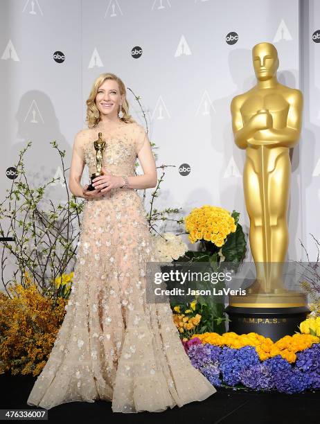 Actress Cate Blanchett poses in the press room at the 86th annual Academy Awards at Dolby Theatre on March 2, 2014 in Hollywood, California.