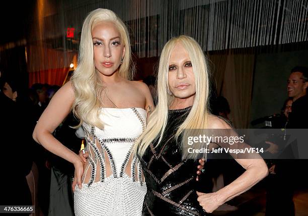 Musician Lady Gaga and designer Donatella Versace attend the 2014 Vanity Fair Oscar Party Hosted By Graydon Carter on March 2, 2014 in West...