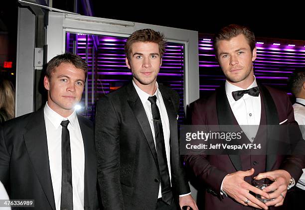 Actors Luke Hemsworth, Liam Hemsworth, and Chris Hemsworth attend the 2014 Vanity Fair Oscar Party Hosted By Graydon Carter on March 2, 2014 in West...