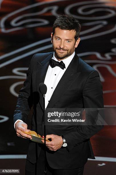 Actor Bradley Cooper speaks onstage during the Oscars at the Dolby Theatre on March 2, 2014 in Hollywood, California.