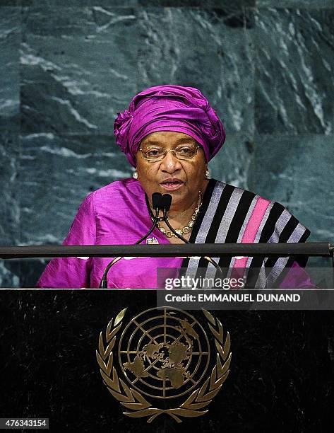 Liberia's President Ellen Johnson-Sirleaf addresses the 65th General Assembly at the United Nations headquarters in New York, September 24, 2010. AFP...