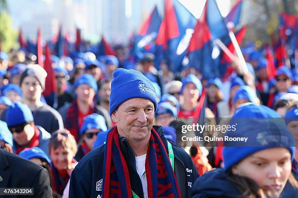 Neale Daniher leads the walk to the MCG ahead of the round 10 AFL match between the Melbourne Demons and the Collingwood Magpies at Melbourne Cricket...