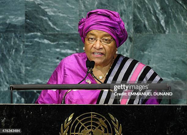 Liberia's President Ellen Johnson-Sirleaf addresses the 65th General Assembly at the United Nations headquarters in New York, September 24, 2010. AFP...