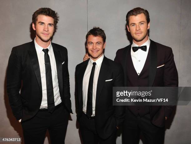 Liam Hemsworth, Luke Hemsworth and Chris Hemsworth attend the 2014 Vanity Fair Oscar Party Hosted By Graydon Carter on March 2, 2014 in West...