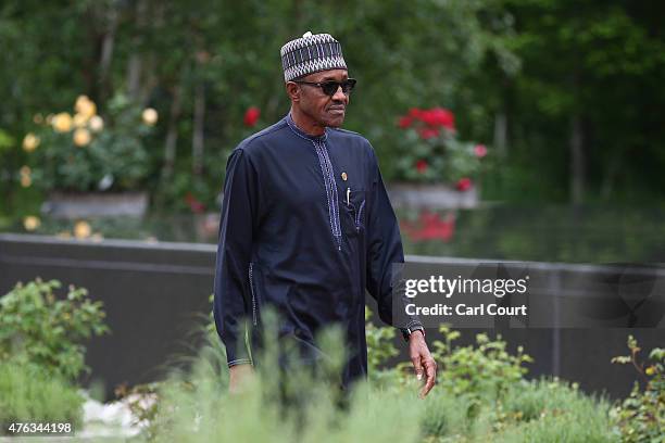 Nigeria's President Muhammadu Buhari arrives to attend a working session with outreach guests at the summit of G7 nations at Schloss Elmau on June 8,...