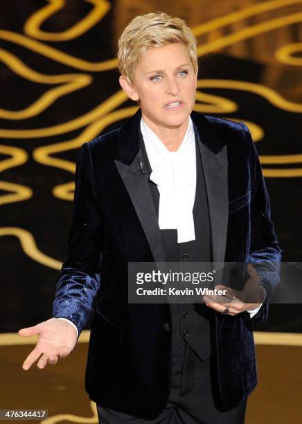 Host Ellen DeGeneres speaks onstage during the Oscars at the Dolby Theatre on March 2, 2014 in Hollywood, California.