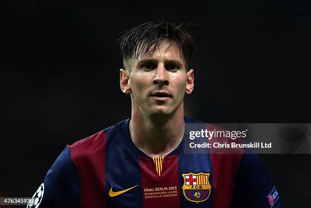 Lionel Messi of FC Barcelona looks on during the UEFA Champions League Final match between Juventus and FC Barcelona at the Olympiastadion on June 6,...