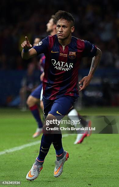 Neymar of FC Barcelona celebrates scoring his side's third goal during the UEFA Champions League Final match between Juventus and FC Barcelona at the...