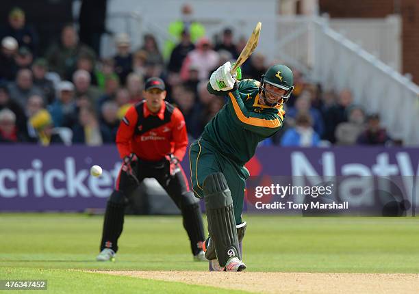 Sam Wood of Nottingham Outlaws bats during the NatWest T20 Blast between Nottingham Outlaws and Durham Jets at Trent Bridge on May 31, 2015 in...