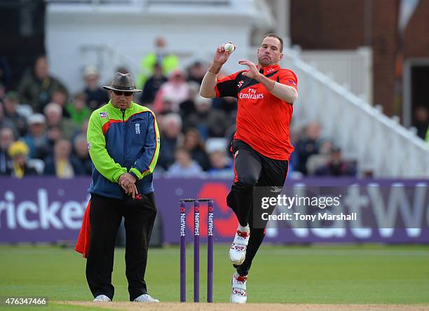 John Hastings of Durham Jets bowls during the NatWest T20 Blast between Nottingham Outlaws and Durham Jets at Trent Bridge on May 31, 2015 in...