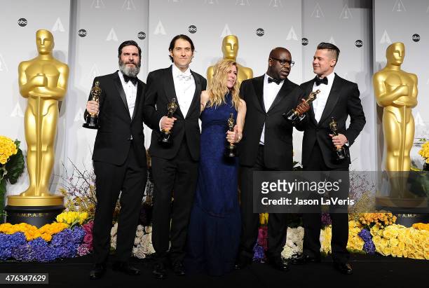 Producers Anthony Katagas, Jeremy Kleiner, Dede Gardner, Brad Pitt and director Steve McQueen, winners of Best Picture for '12 Years a Slave', poses...