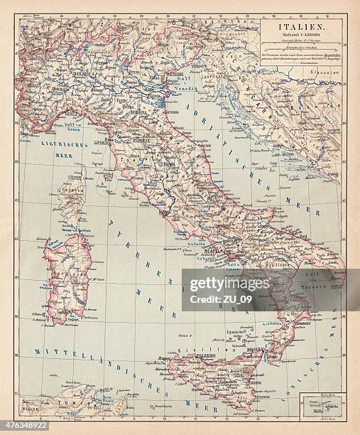 map of italy, lithograph, published in 1876 - adriatic sea stock illustrations