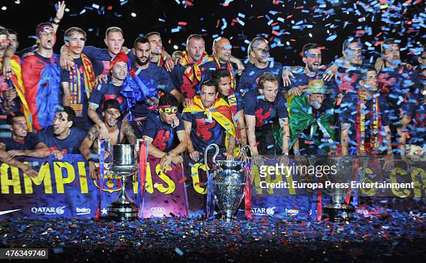 Barcelona football players celebrate victory in the UEFA Champions League Final on June 7, 2015 in Barcelona, Spain.