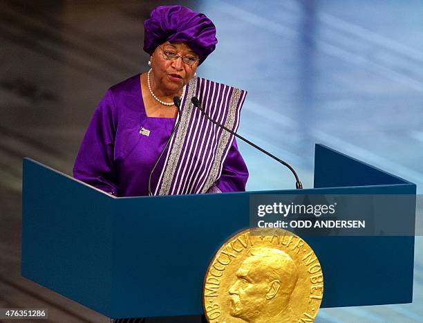 Nobel Peace Prize laureate, Liberian President Ellen Johnson Sirleaf, delivers her lecture on December 10, 2011 during the Nobel Peace Prize award...