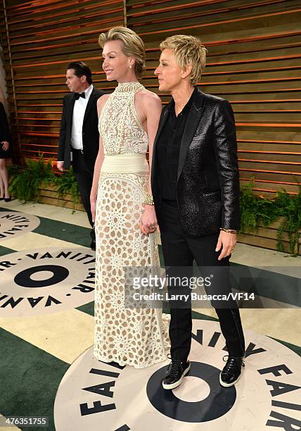 Actress Portia de Rossi and TV personality Ellen DeGeneres attend the 2014 Vanity Fair Oscar Party Hosted By Graydon Carter on March 2, 2014 in West...