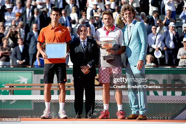 Novak Djokovic of Serbia, President of the French Tennis Federation , Jean Gachassin, Stanislas Wawrinka of Switzerland and Gustavo Kuerten pose on...