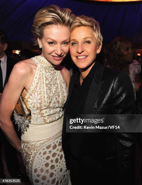 Ellen DeGeneres and Portia de Rossi attend the 2014 Vanity Fair Oscar Party Hosted By Graydon Carter on March 2, 2014 in West Hollywood, California.