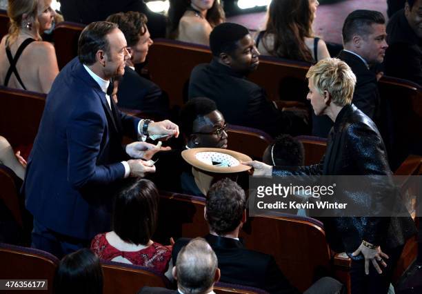 Actors Kevin Spacey, actors Lupita Nyong'o, Brad Pitt, and host Ellen DeGeneres in the audience during the Oscars at the Dolby Theatre on March 2,...