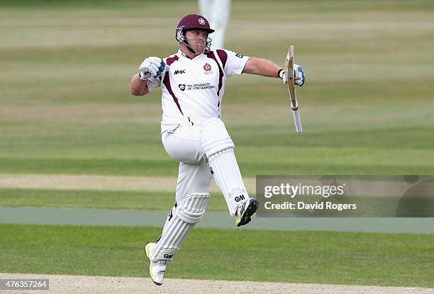 Richard Levi of Northamptonshire celebrates after scoring his maiden century for Northamptonshire during the LV County Championship division two...