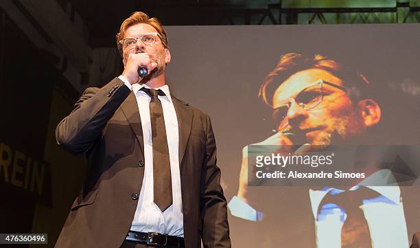 May 30: Head coach Juergen Klopp of Borussia Dortmund during his farewell speech at the Champions Party after the DFB Cup Final match between...