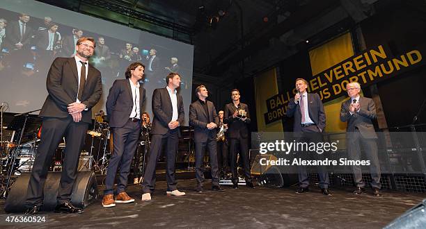 May 30: Head coach Juergen Klopp together with his assistant coaches Zeljko Buvac and Peter Krawietz, Director of Sports Michael Zorc and Sebastian...