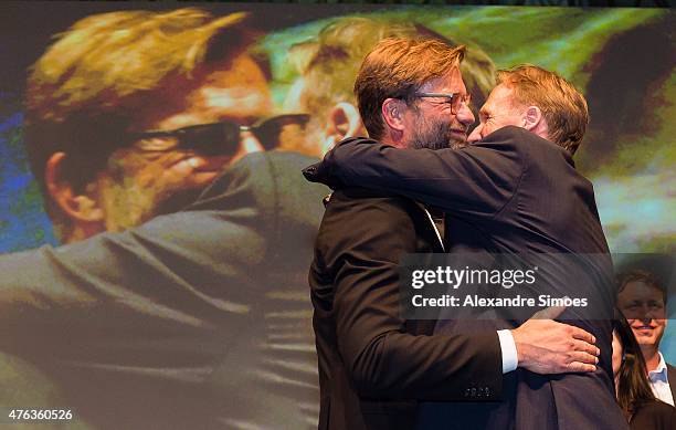 May 30: Head coach Juergen Klopp together with Hans-Joachim Watzke, CEO of Borussia Dortmund, after Watzke's farewell speech at the Champions Party...