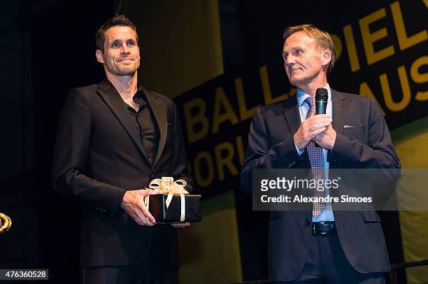 May 30: Hans-Joachim Watzke, CEO of Borussia Dortmund, together with Sebastian Kehl during a speech at the Champions Party after the DFB Cup Final...