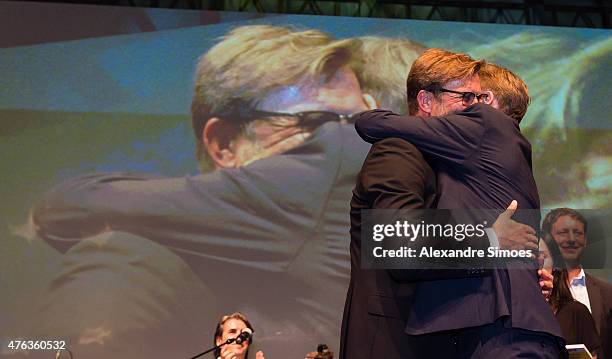 May 30: Head coach Juergen Klopp together with Hans-Joachim Watzke, CEO of Borussia Dortmund, after Watzke's farewell speech at the Champions Party...