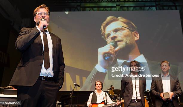 May 30: Head coach Juergen Klopp of Borussia Dortmund during his farewell speech at the Champions Party after the DFB Cup Final match between...