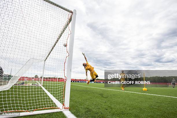 New Zealand goal keeper Erin Nayler makes a save during a practice session in preparation for New Zealand's match Thursday against Canada at the FIFA...