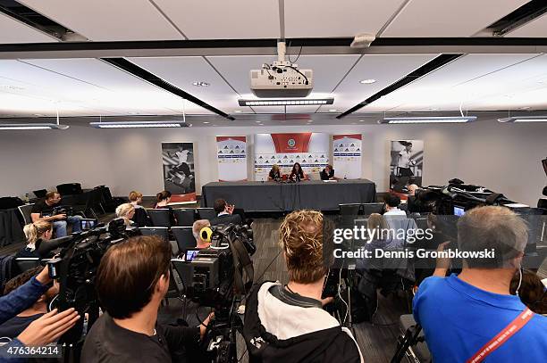 Saskia Bartusiak and Sara Daebritz of Germany face the media during a press conference at The Shaw Centre on June 8, 2015 in Ottawa, Canada.