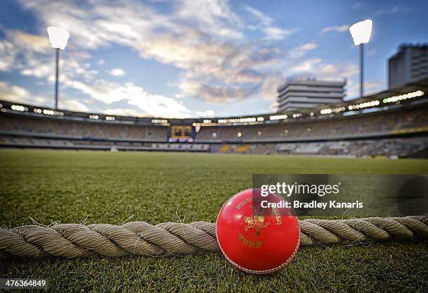Pink ball used for night matches is seen during day one of the Sheffield Shield match between Queensland and Western Australia at The Gabba on March...