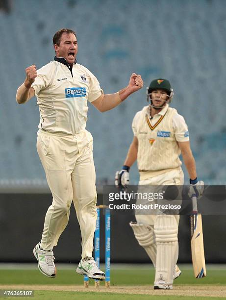John Hastings of the Bushrangers celebrates taking the wicket of Tim Paine of the Tigers during day one of the Sheffield Shield match between...