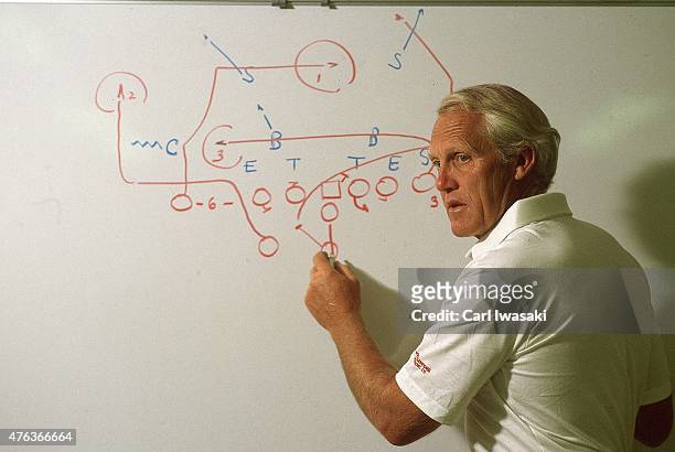 Closeup portrait of San Francisco 49ers head coach Bill Walsh designing plays on white board during photo shoot at 49ers Headquarters. Redwood City,...