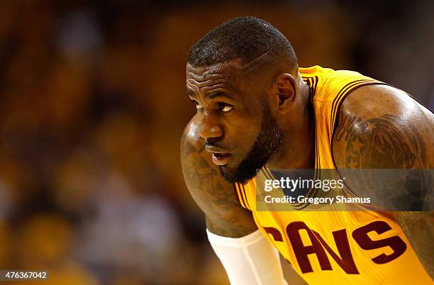 LeBron James of the Cleveland Cavaliers looks on in the first half Atlanta Hawks during Game Four of the Eastern Conference Finals of the 2015 NBA...